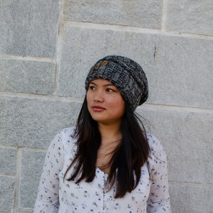 Handmade Wool Beanie | Boho Hippie Winter Hat - Hand knit Hat, Warm Wool Hat Slouchy Hat - Nepal Hat - Dark Gray Beanie Cap
