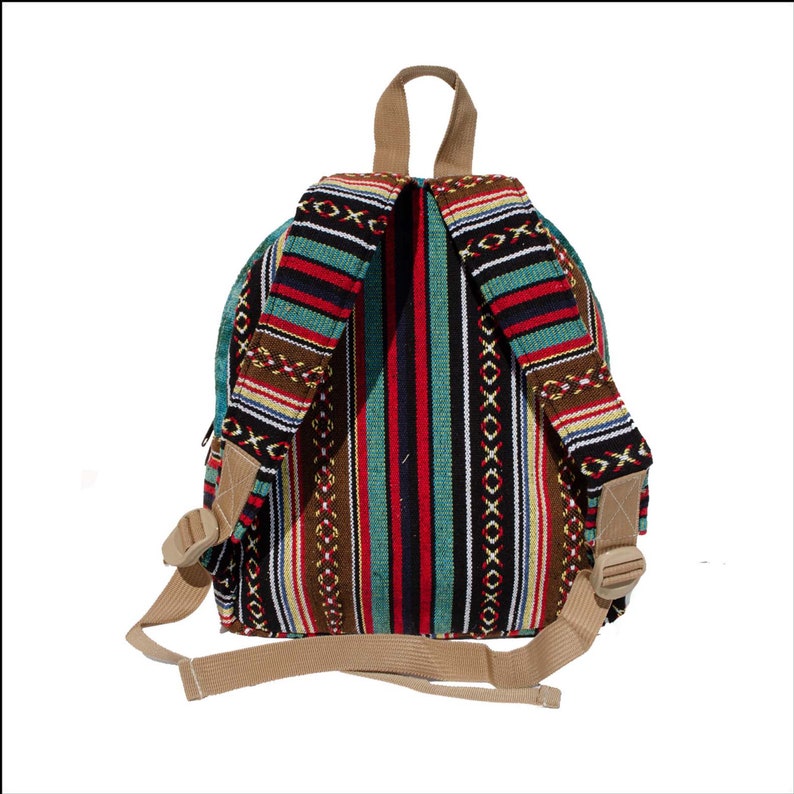 May include: A small, multi-colored striped backpack with brown straps. The backpack has a woven pattern with red, blue, brown, and white stripes.