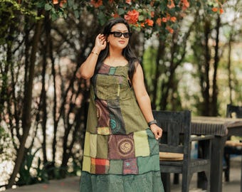 Handmade in Nepal Patchwork Maxi Dress, Boho Festival Cotton Dress