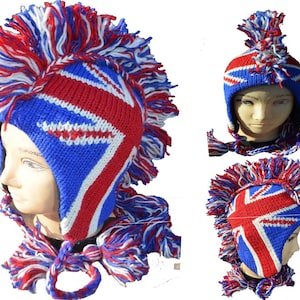 May include: A blue, red, and white knitted hat with a mohawk style top. The hat has a Union Jack design and a matching scarf.