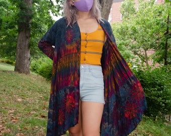 Long Tie Dye Open Front Jacket Spandex 