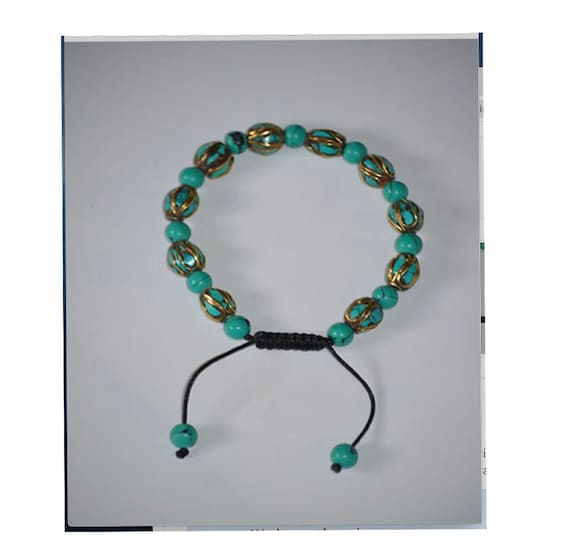 Handmade Mala Bead Bracelet Made in Nepal - Turquoise and Tiger Eye Stones | 8-9mm Mala Beads with Adjustable Size Made with Seven Metals