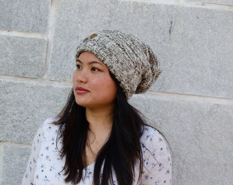 Handmade Wool Beanie | Boho Hippie Winter Hat - Hand knit Hat, Warm Wool Hat Slouchy Hat - Nepal Hat - Gray Beanie Cap Active