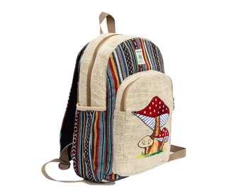 Handmade Red Mushroom Rainbow Backpack with Zippers | Hemp Travel Backpack - One Size Back Pack with Water Bottle Pockets | Large Hemp Bag
