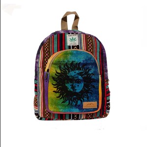 Mini Handmade Hemp Backpack - Tree of Life & Elephant Design - Unisex Boho Hippie Style - Water Bottle Pocket Adjustable Straps sun