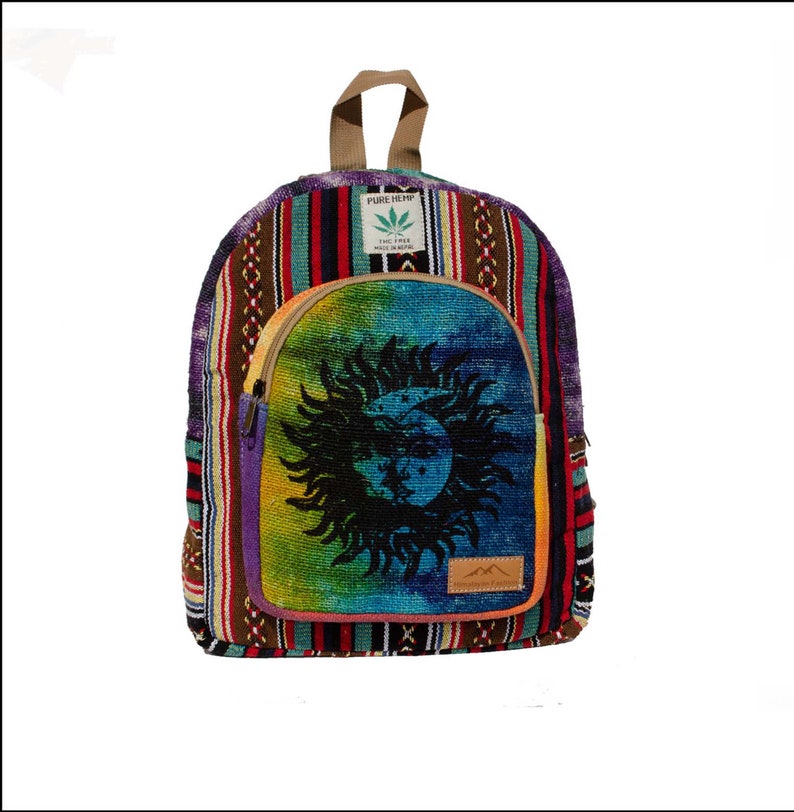 Mini Handmade Hemp Backpack - Tree of Life & Elephant Design - Unisex Boho Hippie Style - Water Bottle Pocket Adjustable Straps sun