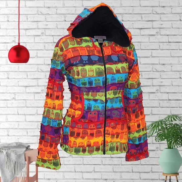Rasta Rainbow Striped Owl Print - Hippie Hoodie Jacket | Small Medium Large | Zip Up - Hoodie Hood | Bohemian Hippie | 100% Cotton Jacket
