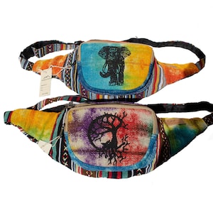 Himalayan Fashion Hemp Tie Dye Fanny Pack | Nepal Handmade Hemp Fanny - Boho Hippie Multi Color - Tree of Life | Sun | Elephant Fanny Pack