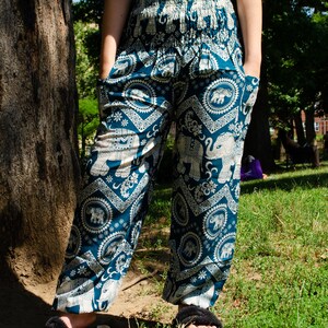 May include: Blue and white patterned pants with an elephant design. The pants have a wide leg and a drawstring waist.