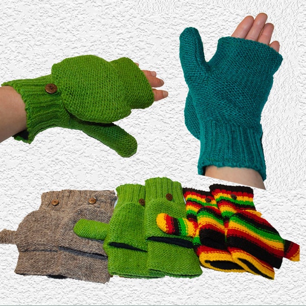 Handmade Wool Mitten Gloves - One Size | Adult Mitten Gloves with Finger Opening - Made in Nepal | Boho Hippie Multicolor Hand Glove