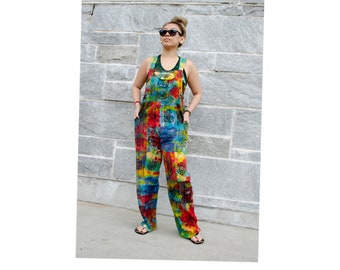 Handmade 100% Tie Dye Cotton Nepal Overalls Dungaree Straight Leg | Multicolor - Bib Overall | Adjustable Straps and Waist Patchwork Print