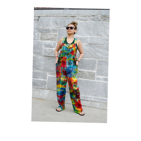 Handmade 100% Tie Dye Cotton Nepal Overalls Dungaree Straight Leg | Multicolor - Bib Overall | Adjustable Straps and Waist Patchwork Print