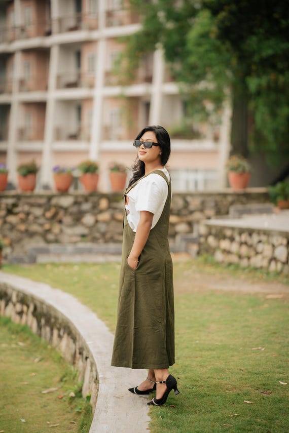 overall dress olive green Handmade Bib with Pocket - 100% Cotton Nepal | Jumper | Overall Dress Skirt | Women's - Handmade Dress overall dress