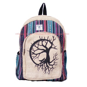 Handmade Hemp Backpack - Tree of Life Backpack | 100% Hemp Backpack - Large Water-bottle Pockets - Boho Hippie Backpack