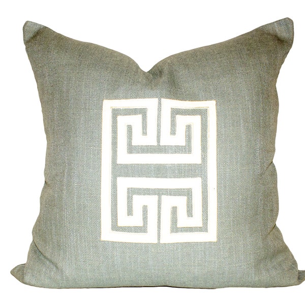 Schumacher Blue Linen Pillow with Embroidered Applique