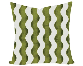 May include: A square throw pillow featuring a repeating vertical pattern of wavy lines in olive green and off-white. The design consists of alternating solid-colored olive green waves and solid off-white waves across the entire surface.