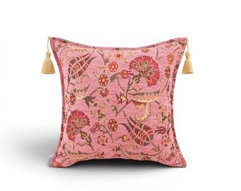 Turkish Fabric Pillow Cover 18x18, Pale Pink Boho Throw Pillow, Caucasus Carnation Pattern Decorative Sofa Accent Ethnic Cushion Case