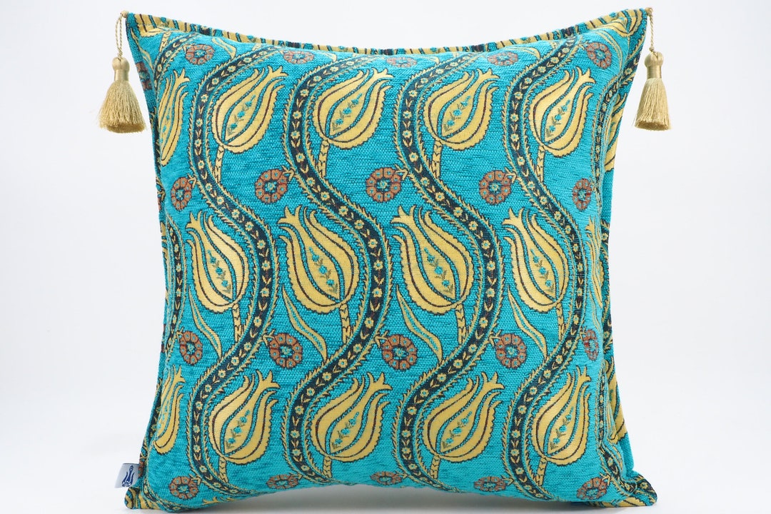 Fabric Pillow 24x24, Fabric Pillow,turquoise Blue Tulip Pattern Fabric