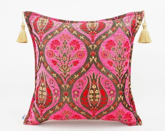 Fabric Pillow, Fabric Pillow 18x18,  Mazenda Pink Tulip Pattern, Turkish Pillow, Turkish Pillow, Ottoman Pillow, Decorative pillow