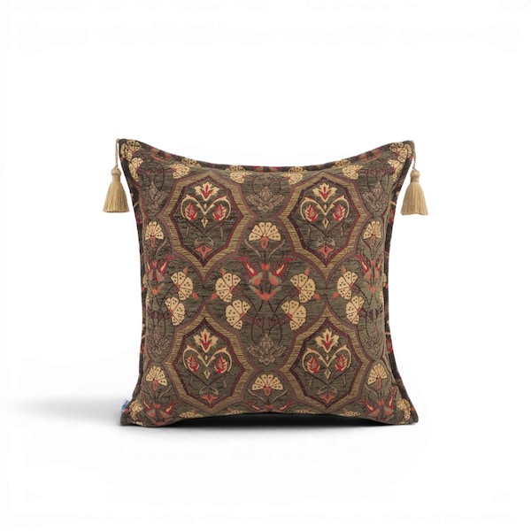 Turkish Fabric Pillow Cover 20x20, Moss Green Boho Throw Pillow, Carnation Pattern Decorative Sofa Accent Ethnic Cushion Case Made in Turkey