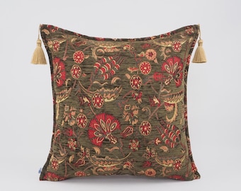 Fabric Pillow 24x24, Fabric Pillow, Moss Green Carnation Pattern Pillow,Turkish Pillow,Bohemian Pillow,Accent pillow,Decorative pillow