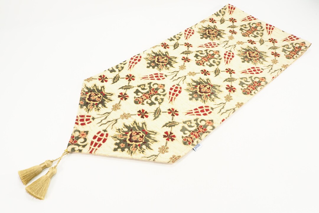 Table Runner, Beige Tulip Pattern, Fabric Table Linens, Turkish Table
