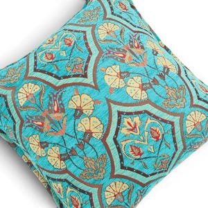 Turkish Fabric Pillow Cover 18x18, Turquoise Blue Boho Throw Pillow, Carnation Pattern Decorative Sofa Accent Cushion Case Made in Turkey image 10