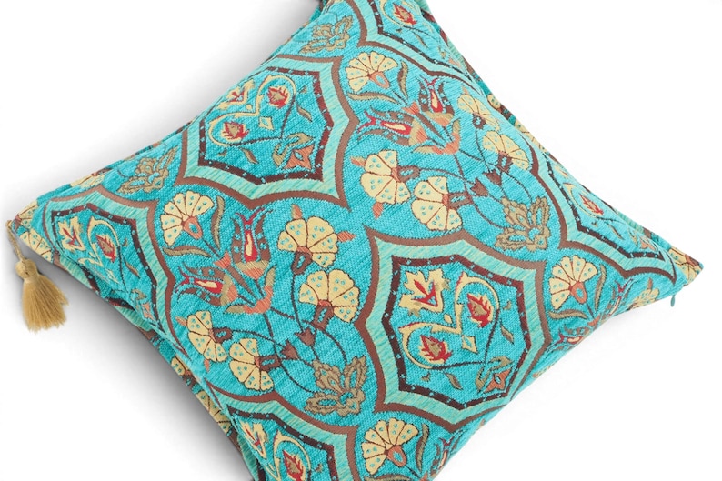 Turkish Fabric Pillow Cover 18x18, Turquoise Blue Boho Throw Pillow, Carnation Pattern Decorative Sofa Accent Cushion Case Made in Turkey image 10