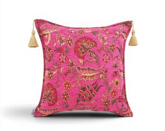 Turkish Fabric Pillow Cover 18x18, Mazenda Pink Throw Pillow, Caucasus Carnation Pattern Decorative Sofa Accent Cushion Case Made in Turkey