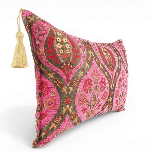 Cojín de tela, Cojín de tela 12x20, Cojín con estampado de tulipanes rosas, Cojín turco, Cojín de terciopelo, Cojín turco, Cojín decorativo