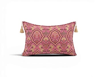 Turkish Fabric Pillow Cover 16x24, Pale Pink Boho Lumbar Pillow, Ottoman Carnation Pattern Decorative Sofa Accent Throw Cushion Case
