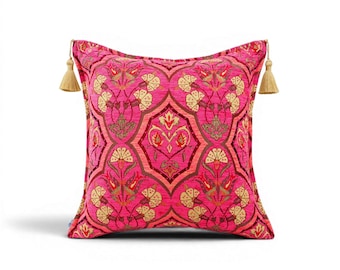 Turkish Fabric Pillow Cover 18x18,Mazenda Pink Boho Throw Pillow,Carnation Pattern Decorative Sofa Accent Ethnic Cushion Case Made in Turkey