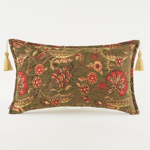 Fabric Pillow 12x20, Fabric Pillow,Moss Green Carnation Pattern Fabric Pillow,Turkish Pillow,Velvet Pillow,Turkish Pillow, Decorative pillow