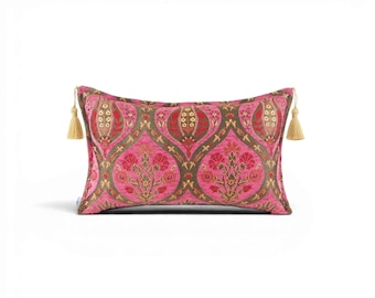 Turkish Pillow Cover 12x20 | Mazenda Pink Tulip Pattern | Decorative Boho Cushion | Sofa Accent | Ottoman Style Lumbar Pillow