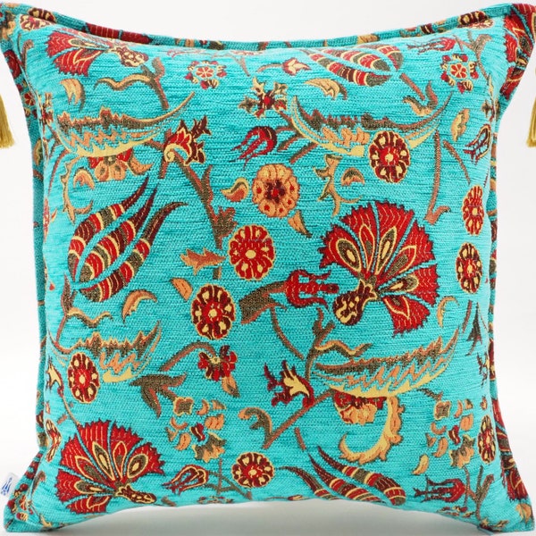 Fabric Pillow 18x18, Fabric Pillow, Turquoise Blue Carnation Pattern,Turkish Pillow, Velvet Turkish Pillow,Ottoman Pillow, Decorative pillow