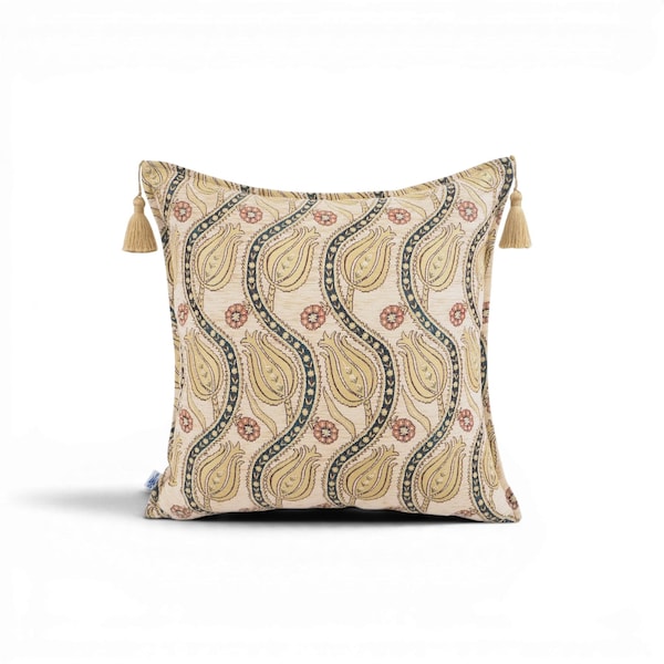 Turkish Fabric Pillow Cover 20x20, Beige Boho Throw Pillow, Running Water Tulip Pattern Decorative Sofa Accent Ethnic Cushion Made in Turkey