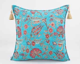 Fabric Pillow 24x24, Fabric Pillow,Turquoise Blue Carnation Pattern Pillow,Turkish Pillow,Bohemian Pillow,Accent pillow,Decorative pillow