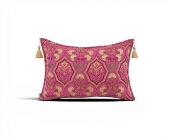 Turkish Fabric Pillow Cover 16x24, Mazenda Pink Boho Lumbar Pillow, Ottoman Carnation Pattern Decorative Sofa Accent Throw Cushion Case