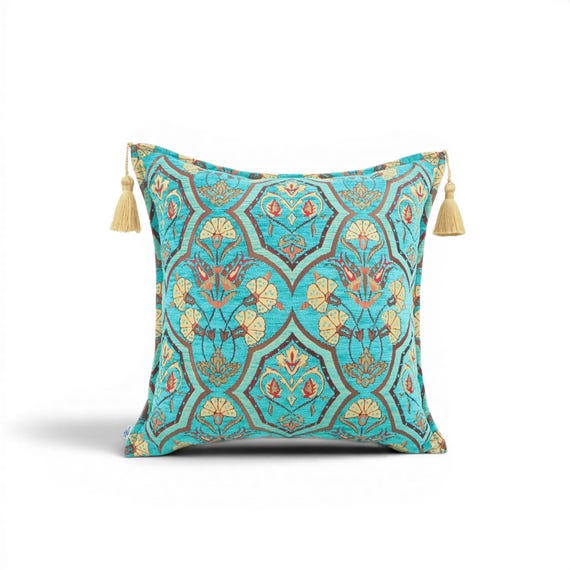 Turkish Fabric Pillow Cover 18x18, Turquoise Blue Boho Throw Pillow, Carnation Pattern Decorative Sofa Accent Cushion Case Made in Turkey