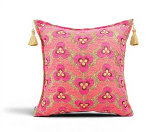 Turkish Fabric Pillow Cover 18x18, Mazenda Pink Boho Throw Pillow, Tiger Eyes Pattern Decorative Sofa Accent Cushion Case Made in Turkey