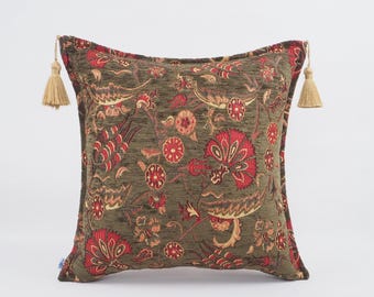 Fabric Pillow 18x18, Fabric Pillow, Moss Green Carnation Pattern, Turkish Pillow, Turkish Pillow, Ottoman Pillow, Decorative pillow