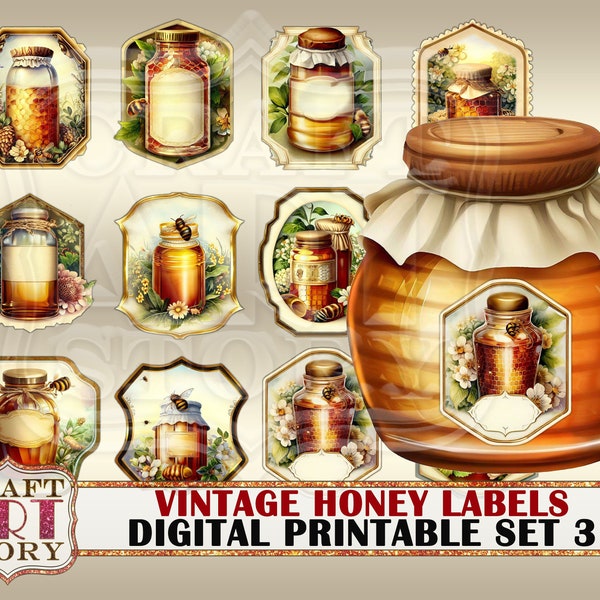 Vintage Honey Labels Printable Blank set-3,Bees Tags Label