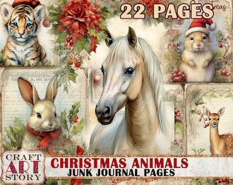 May include: A set of 22 digital printable junk journal pages featuring Christmas animals. The pages include a white horse, a brown rabbit, a tiger, a deer, and a mouse. The pages are decorated with holly, berries, and other festive elements.
