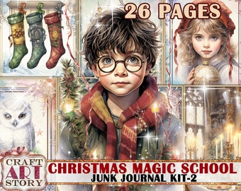 May include: A Christmas Magic School Junk Journal Kit with 26 pages. The kit features a collage of images including a young boy with glasses wearing a red scarf, a girl with blonde hair wearing a red hat, a white owl, and a Christmas tree with ornaments. The kit also includes the text "CRAFT ART STORY" and "CHRISTMAS MAGIC SCHOOL JUNK JOURNAL KIT-2".