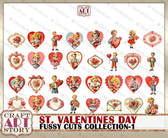 Vintage Valentine Stickers Set, Fussy Cuts Printable,valentines Ephemera 