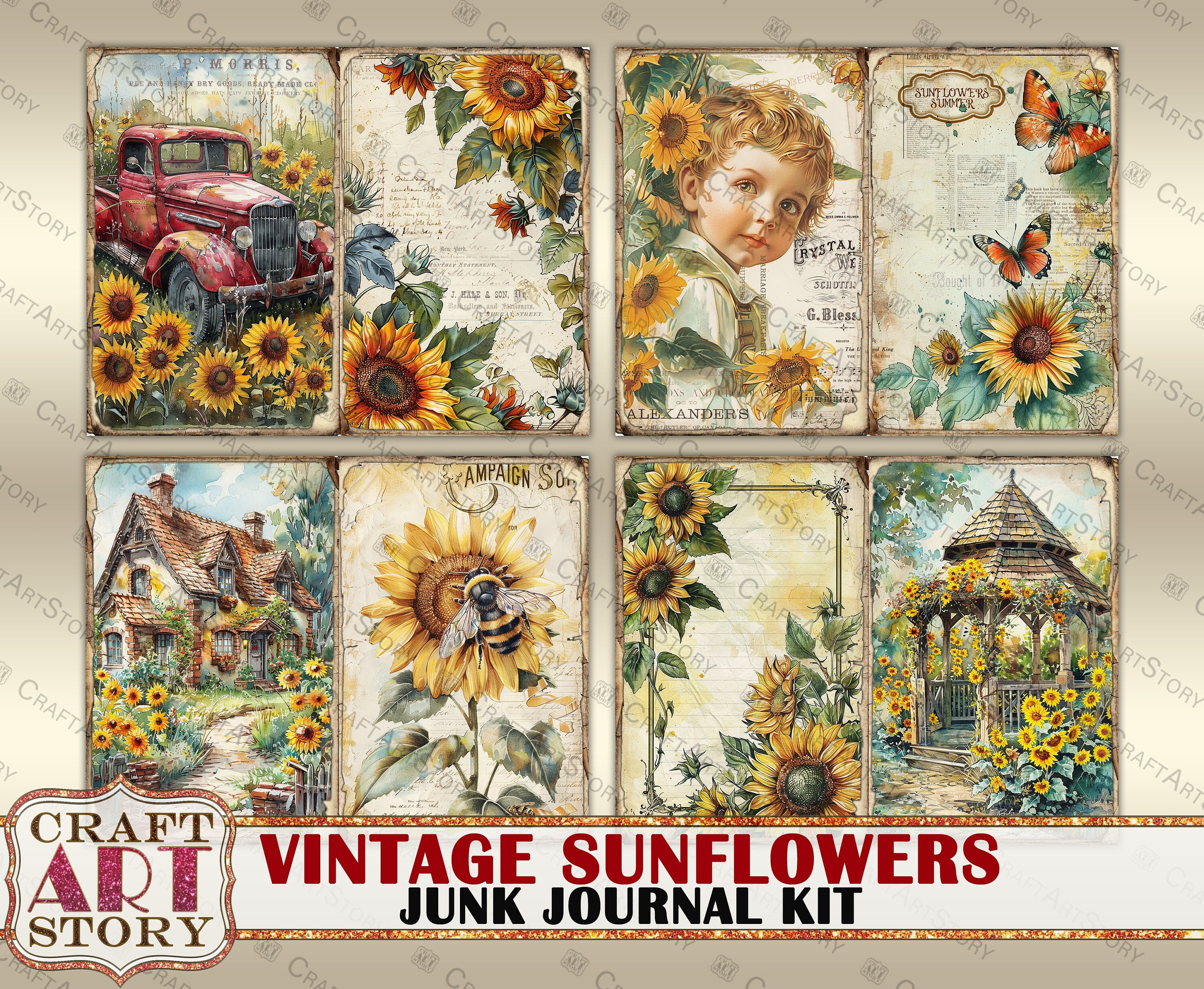 Vintage Sunflowers Junk Journal Kit,scrapbook Printables Digital Papers ...