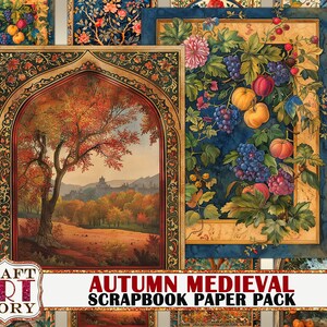 May include: A digital scrapbook paper pack with a medieval theme featuring autumn colors and images of grapes, apples, and a landscape with a castle in the distance. The text "Autumn Medieval Scrapbook Paper Pack" is displayed on the image.