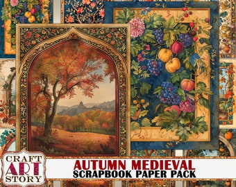Vintage Autumn Medieval Illuminated journal pages,Border,Scrapbook Paper Pack