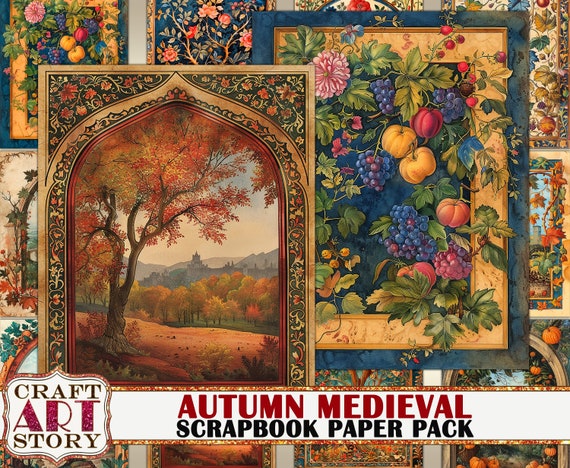 Vintage Autumn Medieval Illuminated journal pages,Border,Scrapbook Paper Pack