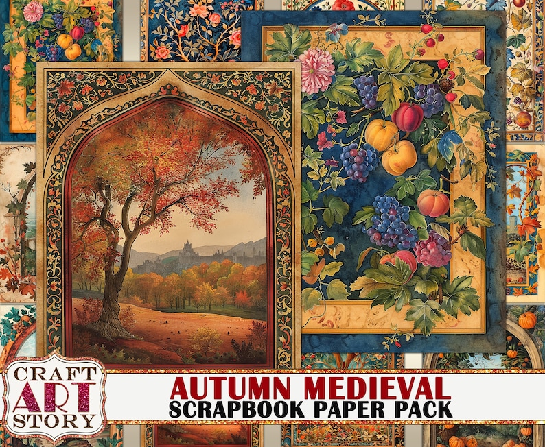 May include: A digital scrapbook paper pack with a medieval theme featuring autumn colors and images of grapes, apples, and a landscape with a castle in the distance. The text "Autumn Medieval Scrapbook Paper Pack" is displayed on the image.